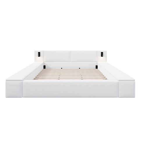 Upholstered Platform Bed Frame With Hidden Storage, Built-In Nightstands & LED Reading Lights