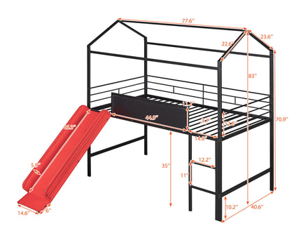 Twin Metal Loft Bed With Slide And 2 Sided Writable Wooden Board - Black