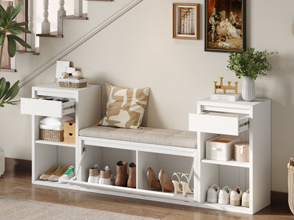 Entryway Storage Bench With Cushion, Drawers & Open Shelves
