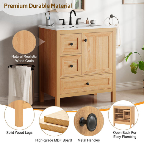 Modern Bathroom Vanity With Sink, Soft Close Drawers & Door, Storage Rack