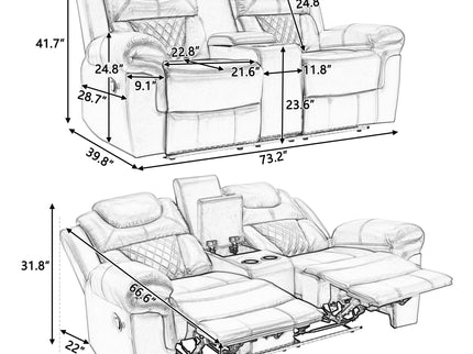 3 Pieces Recliner Sofa Sets Home Theater Seating Manual Recliner Chair & Center Console And LED Light Strip For Living Room - Brown