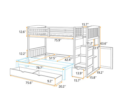 Bunk Bed, Convertible Bottom Bed, Storage Shelves And Drawers