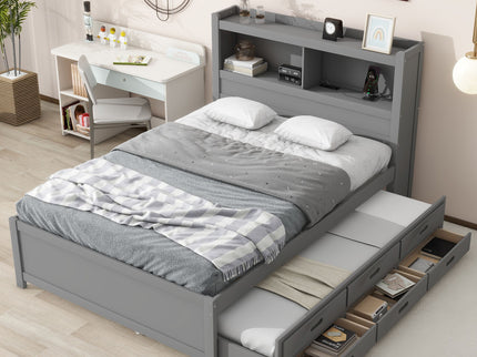 Full Size Platform Bed With Trundle, Drawers, USB Ports And Built In Shelves - Gray