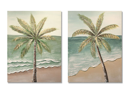 Palm Tree Wall Art, Beach Canvas Painting With Accents, Hand Painted Textured Tropical Decor (Set of 2) - Aqua Blue