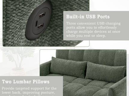 Loveseat Sofa Pull-Out Bed With Adjustable Backrest, 3 USB Ports And 2 Lumbar Pillows For Living Room