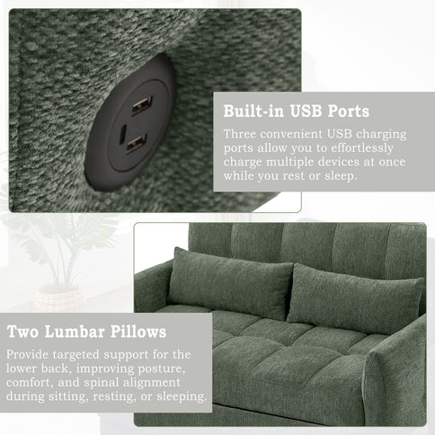 Loveseat Sofa Pull-Out Bed With Adjustable Backrest, 3 USB Ports And 2 Lumbar Pillows For Living Room