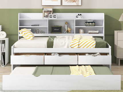 Captain Bed With Built In Bookshelves, 3 Storage Drawers, And Trundle