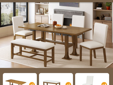 Topmax - 6 Piece Farmhouse Extendable Dining Table Set Trestle Kitchen Table Set With Removable Leaf And Upholstered Dining Chair And Bench For Dining Room