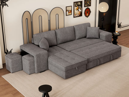 Modern L-Shape 3 Seat Reversible Sectional Couch, Pull Out Sleeper Sofa With Storage Chaise And 2 Stools For Living Room Furniture Set