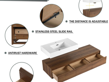 Modern Wall Mounted Bathroom Vanity With Resin Sink And Soft Close Drawer - Brown Ebony
