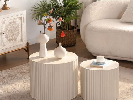Drum Nesting Coffee Table With Wave Stripe Design For Living Room (Set of 2) - Beige / White
