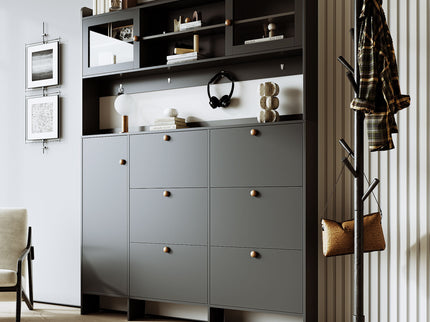 On Trend Multifunctional Tipping Bucket Shoe Cabinet With Storage Shelf & 6 Flip Drawers