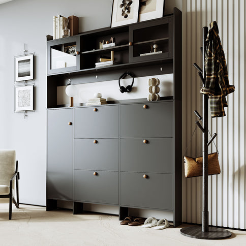 On Trend Multifunctional Tipping Bucket Shoe Cabinet With Storage Shelf & 6 Flip Drawers