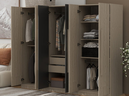 6 Doors Wardrobe Storage For Bedroom, With 2 Drawers Inside - Black / Nature