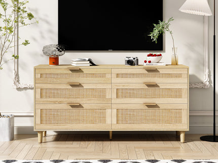 Rattan Dresser With 6 Drawers, Wooden Legs & Metal Handle