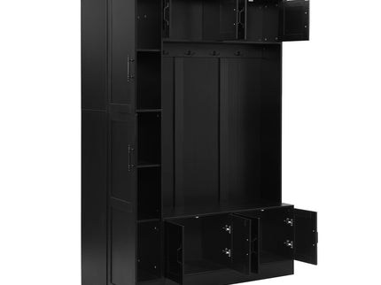 Tall Hall Tree With Shoe Storage, 4 In 1 Entryway Bench With 6 Cabinets, 4 Coat Hooks & Adjustable Shelf For Hallway - Black