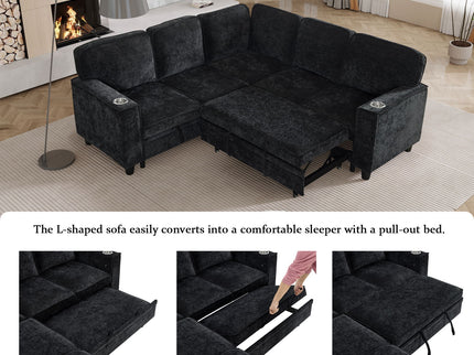 L-Shaped Sofa With Pull Out Sofa Bed With USB
