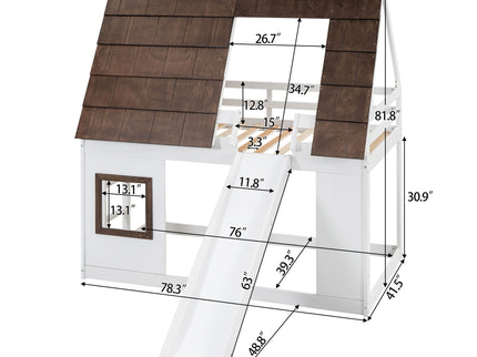 Wood Twin Size House Bunk Bed With Roof, Ladder And Slide - White / Brown