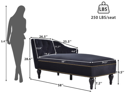 Velvet Chaise Lounge, Button Tufted Right Arm Facing Lounge Chair With Nailhead Trim For Living Room - Black