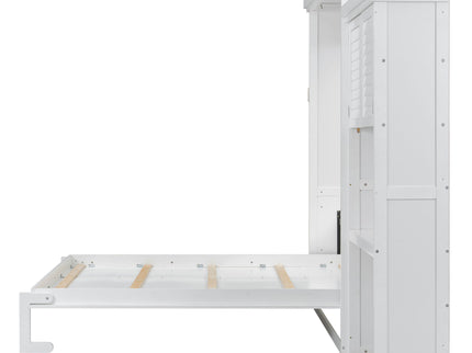 Queen Size Murphy Bed With Louvered Design And Multiple Storage Shelves - White