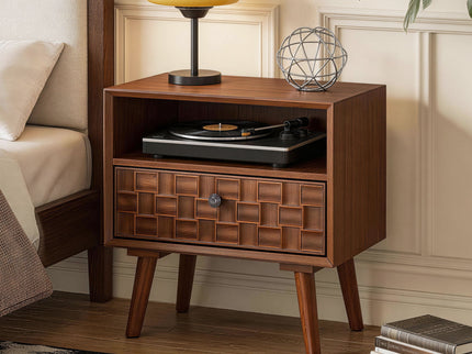 Nightstand With Carved Geometric Drawer Front, 1 Drawer And Open Shelf