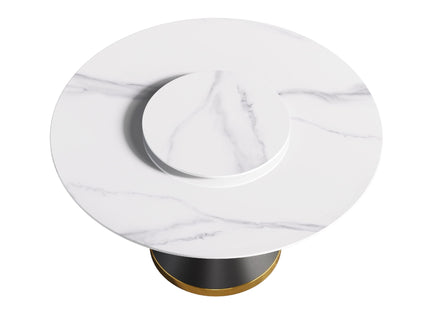 53" Modern Artificial Stone Round Carbon Steel Base Dining Table, Can Accommodate 6 People, Artificial Stone Turntable - White / Black