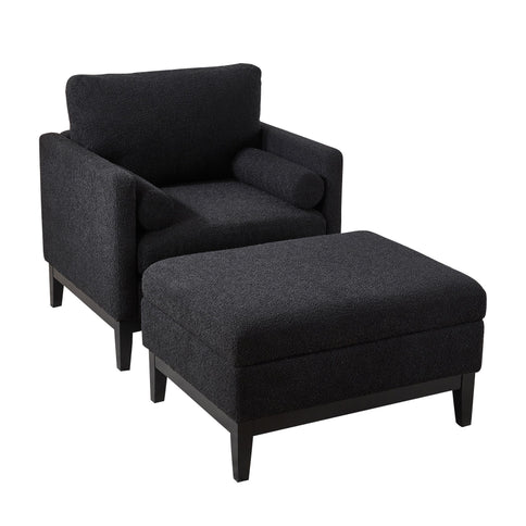 Farmhouse Upholstered Accent Chair With Ottoman, Reversible Lid Coffee Table