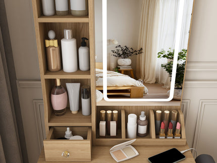 Small Vanity Desk With 3 LED Lighting Modes, 3 Drawers, Hair Dryer Holder, Power Socket, And Dressing Chair - Natural Walnut