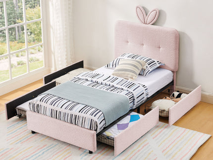 Upholstered Bed With Oversized Rabbit Ear Headboard, LED Lights & 4 Storage Drawers