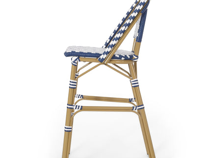 Outdoor Rattan French Barstool Set,, Bamboo, Seat Height - Navy Blue / White