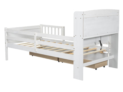 Platform Bed With LED Light, Multi Functional Headboard, Guardrail And 2 Drawers