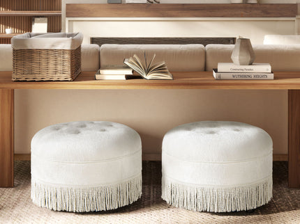 Yolanda - Round Upholstered Accent Ottoman - Almond White