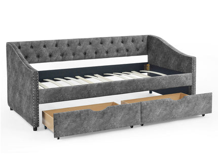 Upholstered Tufted Daybed With 2 Drawers, Waved Arms