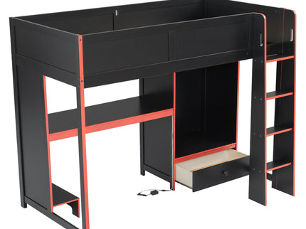 Gaming Loft Bed With Built In Desk, Wardrobe, LED Lighting And Drawer