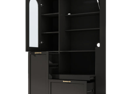 Tall Freestanding Kitchen Pantry Cabinet With Arched Glass Door