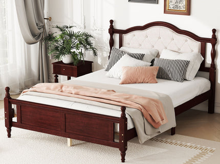 Pine Wooden Bed With Upholstered Headboard And Panel Footboard, With Two Bed Rail Support Feet And Central Platform Support Feet