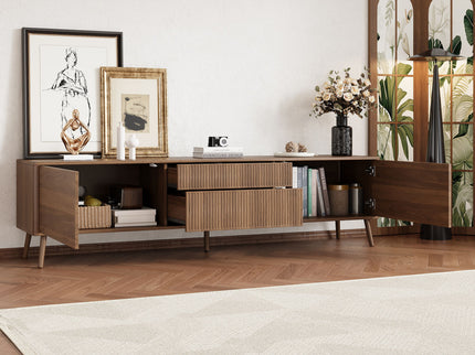 Fluted TV Stand With Storage Drawers And Cabinets For TVs Up To 80", Soft-Close Hinges, Cable Management - Walnut