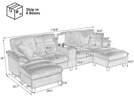Modern U-Shaped Sectional Sofa With Storage Ottomans