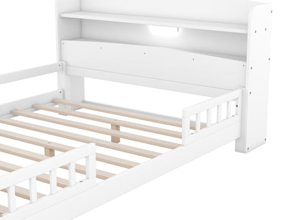 Wood Platform Bed With Built In LED Light, Storage Headboard And Guardrail