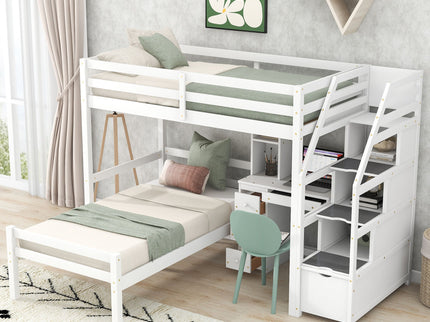 Loft Bed With Stand Alone Bed, Storage Staircase, Desk, Shelves, And Drawers