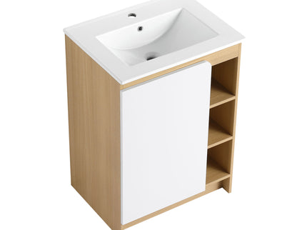 Freestanding Bathroom Vanity With Thin Rim Sink, Single Door With 4 Tier Open Shelves - Light Oak / White