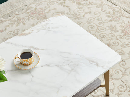 Coffee Table Rectangular Center Table For Living Room Open Space Side Table With Metal Frame - Golden / White