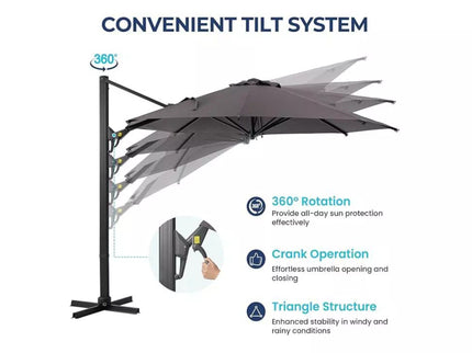 Round Cantilever Patio Umbrella With 360 Rotation & Infinite Tilt Adjustment