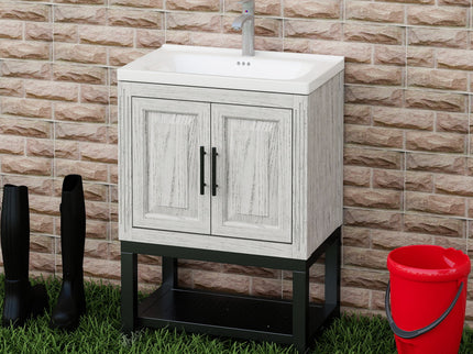 Modern Freestanding Bathroom Vanity With Ceramic Sink, Hot And Cold Faucet, Storage Cabinet & Open Shelf