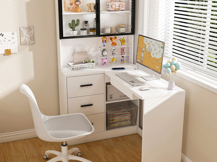 L-Shaped Computer Desk With Glass Cabinets, Built In LED Lights, USB Charging Ports