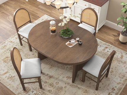 Extendable Round Dining Table Set For 4 With 4 Upholstered Chairs - Beige / Walnut