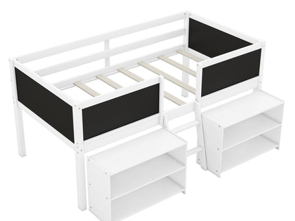 Low Loft Bed With Movable Shelves And Ladder, Decorative Chalkboard Guardrail