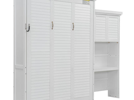 Queen Size Murphy Bed With Louvered Design And Multiple Storage Shelves - White