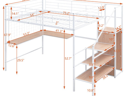 Loft Bed With Desk And Grid, Stylish Frame With Lateral Storage Ladder And Wardrobe