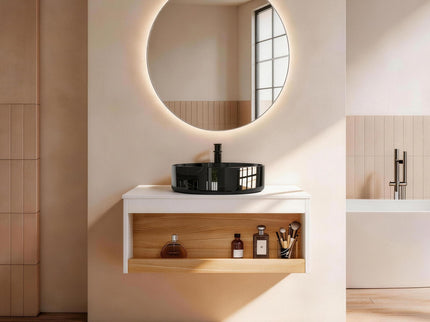 Floating Bathroom Vanity With Vessel Sink With Open Shelf Storage